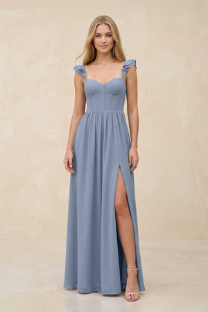 Ruffled Sleeve A - Line Corset Chiffon Bridesmaid Dress in Twilight - KissProm Bridesmaid Dresses