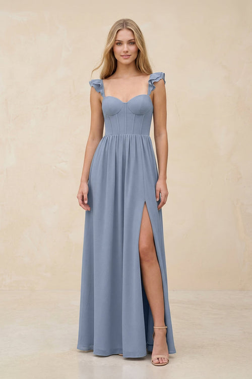 Ruffled Sleeve A - Line Corset Chiffon Bridesmaid Dress in Twilight - KissProm Bridesmaid Dresses