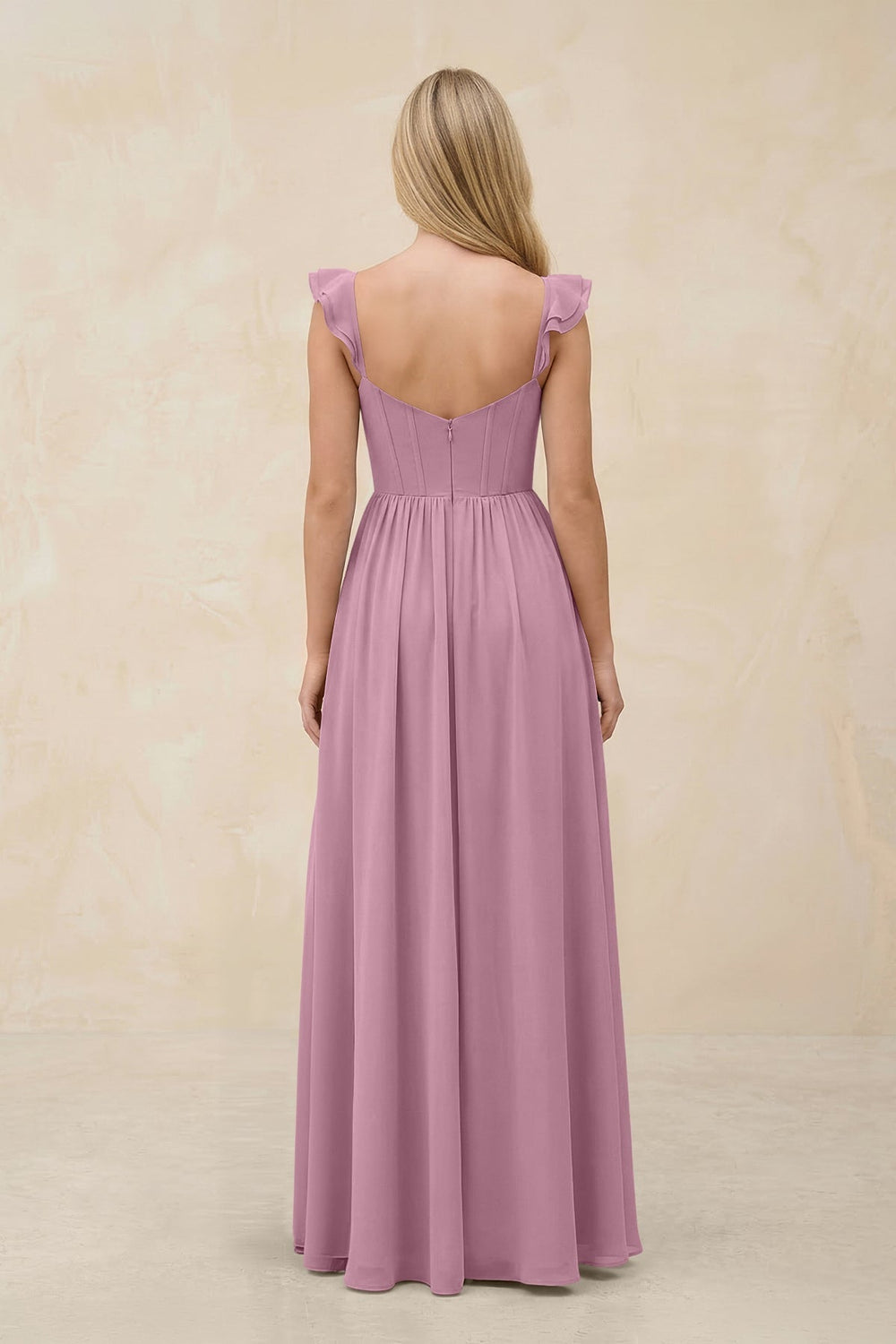 Ruffled Sleeve A - Line Corset Chiffon Bridesmaid Dress in Vintage Mauve - KissProm Bridesmaid Dresses
