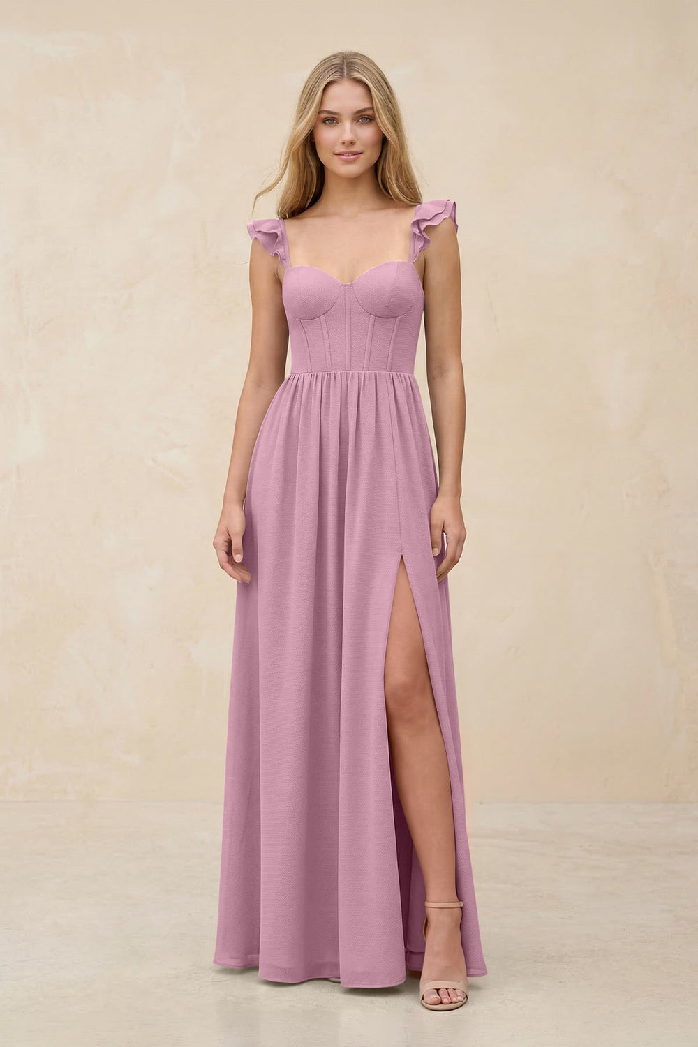 Ruffled Sleeve A - Line Corset Chiffon Bridesmaid Dress in Vintage Mauve - KissProm Bridesmaid Dresses