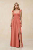 Ruffled Sleeve A - Line Corset Chiffon Bridesmaid Dress in Wild Rose - KissProm Bridesmaid Dresses