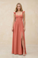 Ruffled Sleeve A - Line Corset Chiffon Bridesmaid Dress in Wild Rose - KissProm Bridesmaid Dresses