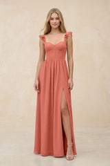 Ruffled Sleeve A - Line Corset Chiffon Bridesmaid Dress in Wild Rose - KissProm Bridesmaid Dresses