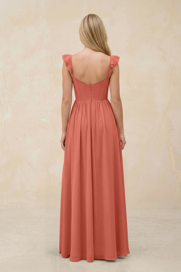 Ruffled Sleeve A - Line Corset Chiffon Bridesmaid Dress in Wild Rose - KissProm Bridesmaid Dresses