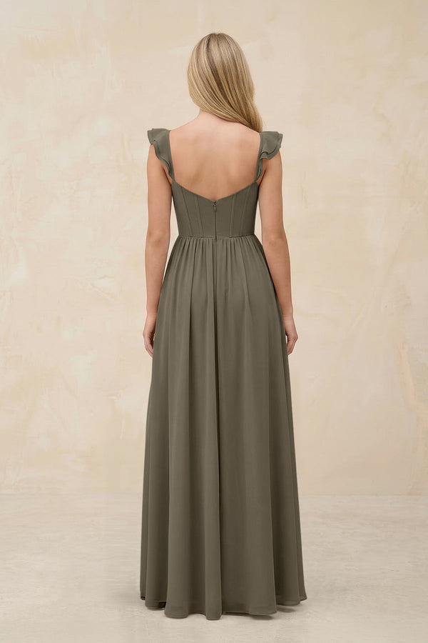 Ruffled Sleeve A - Line Corset Chiffon Bridesmaid Dress in Willow Green - KissProm Bridesmaid Dresses