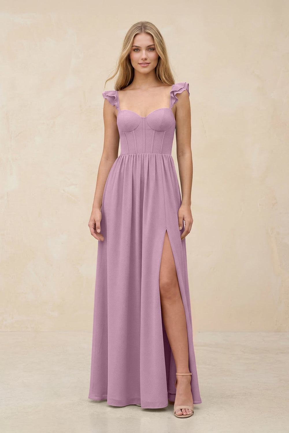 Ruffled Sleeve A - Line Corset Chiffon Bridesmaid Dress in Wisteria - KissProm Bridesmaid Dresses