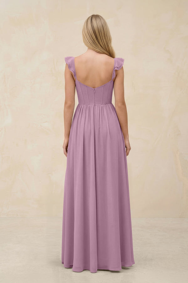 Ruffled Sleeve A - Line Corset Chiffon Bridesmaid Dress in Wisteria - KissProm Bridesmaid Dresses