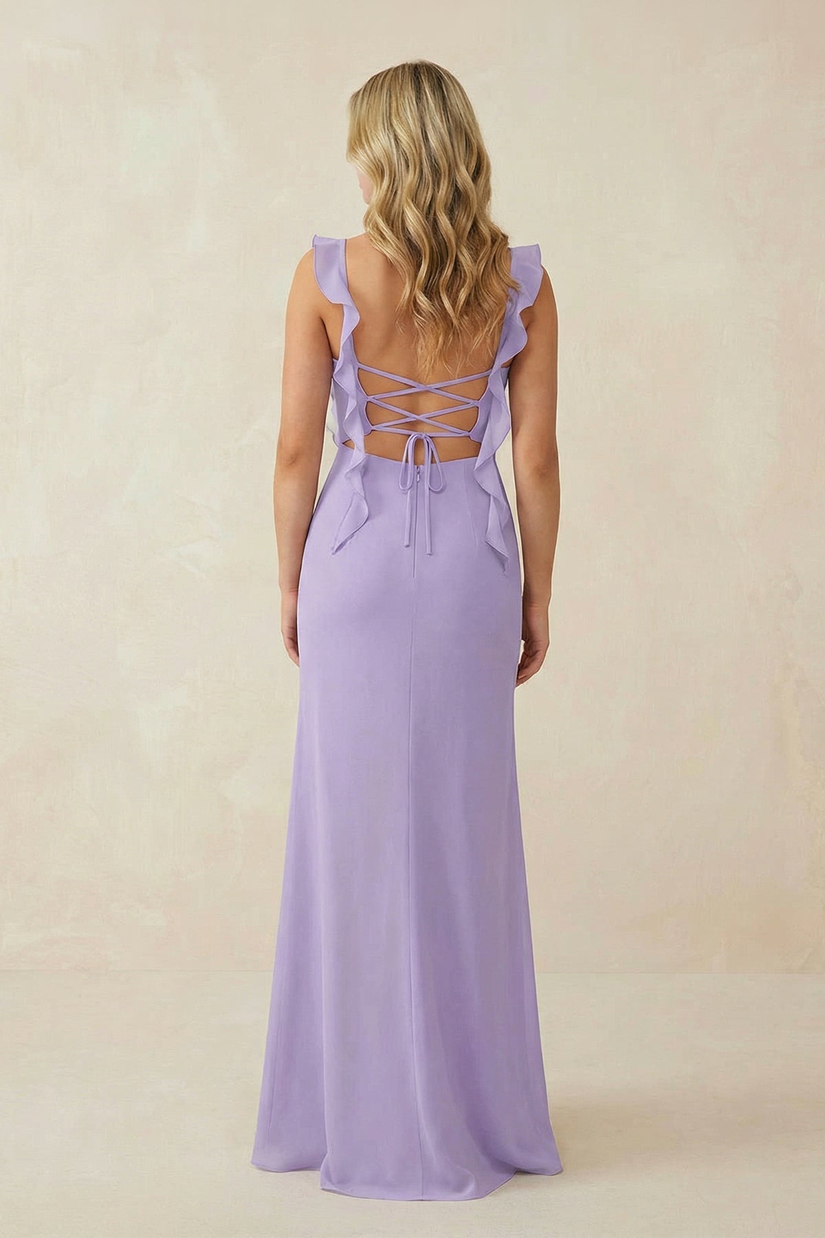 KissProm Ruffled Sleeve Ruched Sheath Chiffon Bridesmaid Dress in Lavender, Lavender / Custom Size( Free )