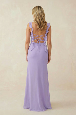 Ruffled Sleeve Ruched Sheath Chiffon Bridesmaid Dress in Lavender - KissProm BRIDESMAID DRESSES
