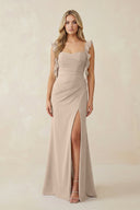 Ruffled Sleeve Ruched Sheath Chiffon Bridesmaid Dress in Almond - KissProm BRIDESMAID DRESSES