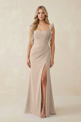 Ruffled Sleeve Ruched Sheath Chiffon Bridesmaid Dress in Almond - KissProm BRIDESMAID DRESSES