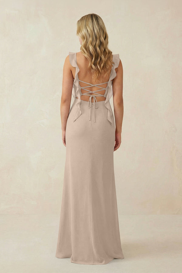 Ruffled Sleeve Ruched Sheath Chiffon Bridesmaid Dress in Almond - KissProm BRIDESMAID DRESSES