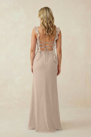 Ruffled Sleeve Ruched Sheath Chiffon Bridesmaid Dress in Almond - KissProm BRIDESMAID DRESSES