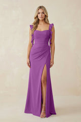 Ruffled Sleeve Ruched Sheath Chiffon Bridesmaid Dress in Amethyst - KissProm BRIDESMAID DRESSES