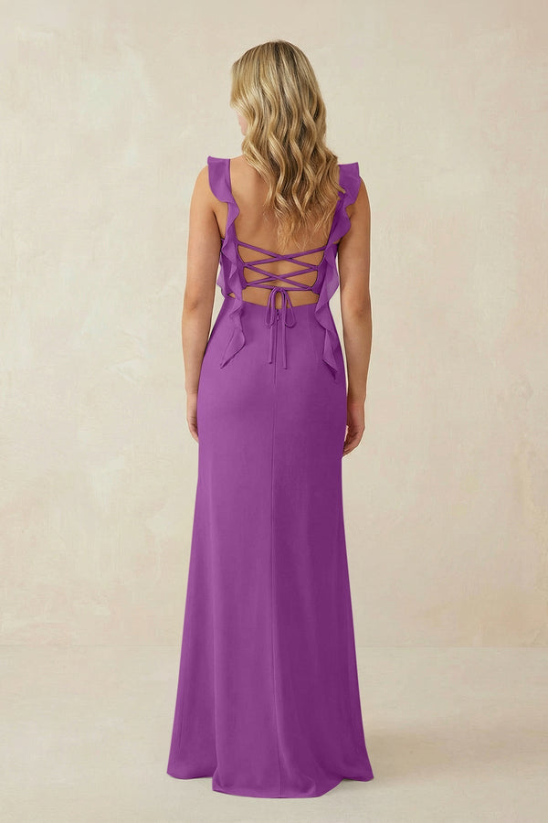 Ruffled Sleeve Ruched Sheath Chiffon Bridesmaid Dress in Amethyst - KissProm BRIDESMAID DRESSES