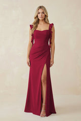 Ruffled Sleeve Ruched Sheath Chiffon Bridesmaid Dress in Berry - KissProm BRIDESMAID DRESSES