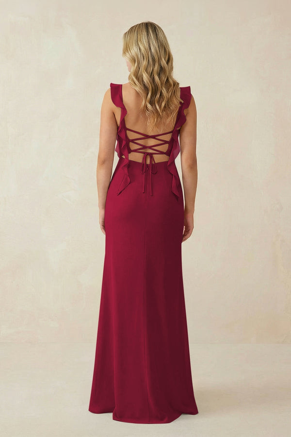 Ruffled Sleeve Ruched Sheath Chiffon Bridesmaid Dress in Berry - KissProm BRIDESMAID DRESSES
