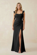 Ruffled Sleeve Ruched Sheath Chiffon Bridesmaid Dress in Black - KissProm BRIDESMAID DRESSES