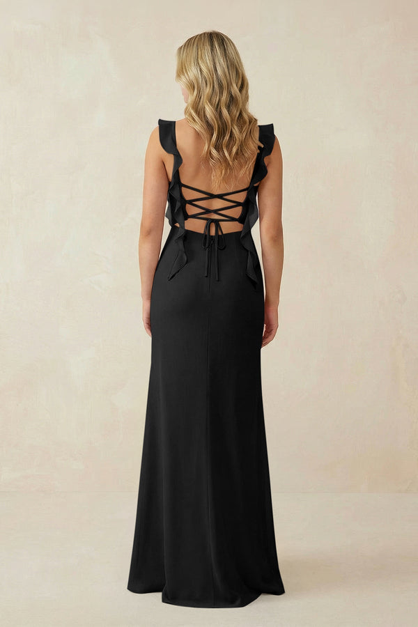 Ruffled Sleeve Ruched Sheath Chiffon Bridesmaid Dress in Black - KissProm BRIDESMAID DRESSES