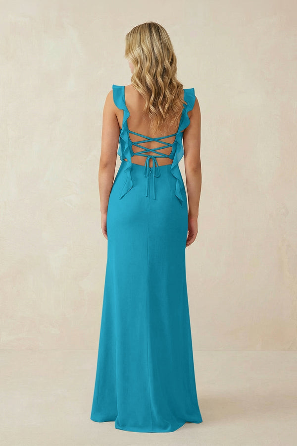 Ruffled Sleeve Ruched Sheath Chiffon Bridesmaid Dress in Blue Jay - KissProm BRIDESMAID DRESSES