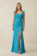 Ruffled Sleeve Ruched Sheath Chiffon Bridesmaid Dress in Blue Jay - KissProm BRIDESMAID DRESSES