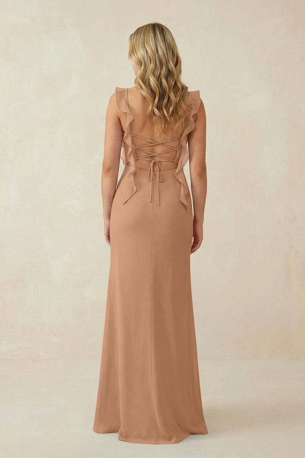 Ruffled Sleeve Ruched Sheath Chiffon Bridesmaid Dress in Bronzer - KissProm BRIDESMAID DRESSES