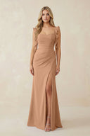 Ruffled Sleeve Ruched Sheath Chiffon Bridesmaid Dress in Bronzer - KissProm BRIDESMAID DRESSES