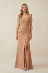 Ruffled Sleeve Ruched Sheath Chiffon Bridesmaid Dress in Bronzer - KissProm BRIDESMAID DRESSES