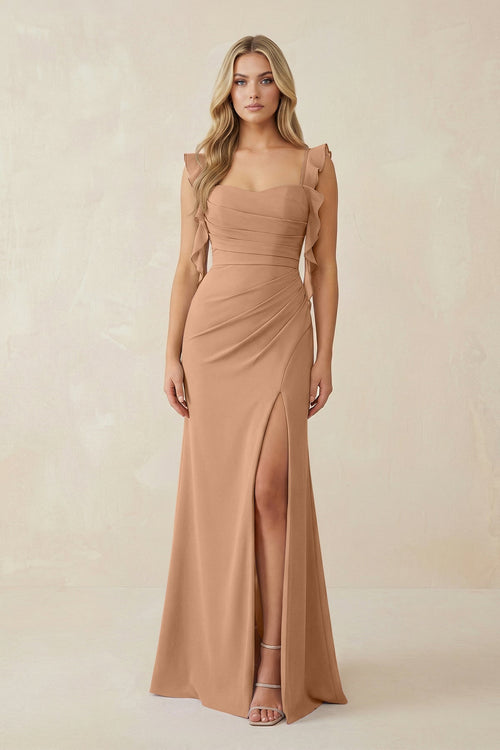 Ruffled Sleeve Ruched Sheath Chiffon Bridesmaid Dress in Bronzer - KissProm BRIDESMAID DRESSES