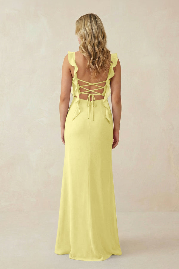 Ruffled Sleeve Ruched Sheath Chiffon Bridesmaid Dress in Buttercup - KissProm BRIDESMAID DRESSES