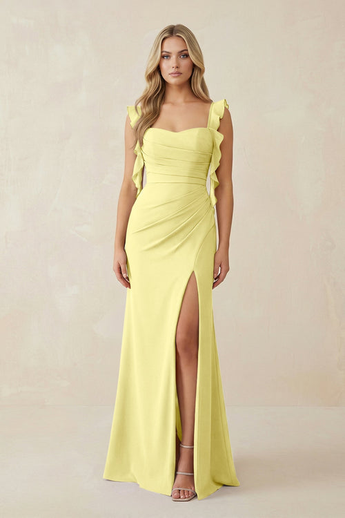 Ruffled Sleeve Ruched Sheath Chiffon Bridesmaid Dress in Buttercup - KissProm BRIDESMAID DRESSES
