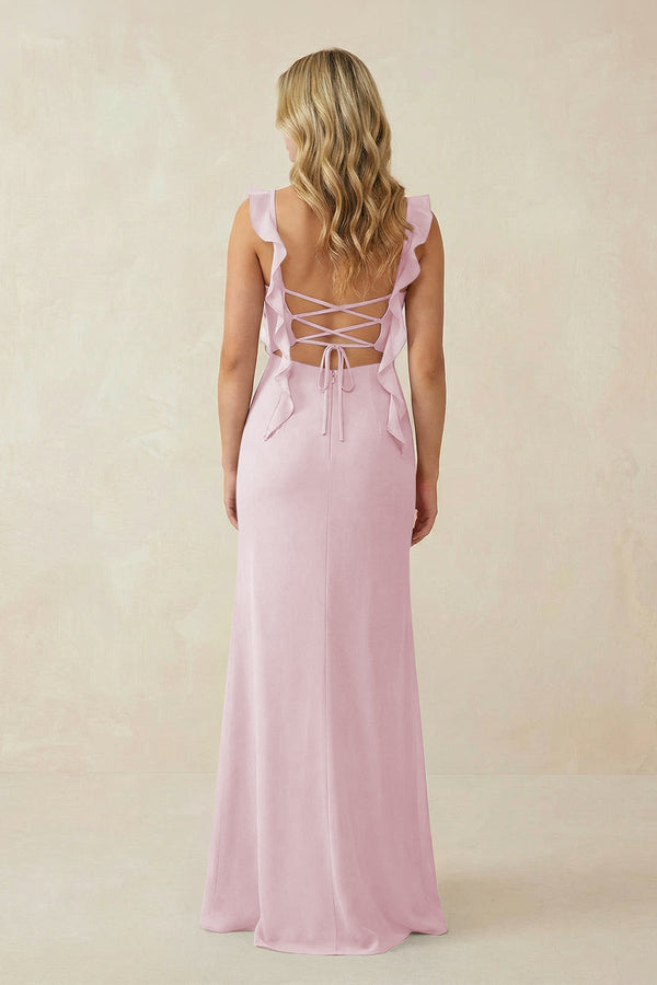 Ruffled Sleeve Ruched Sheath Chiffon Bridesmaid Dress in Candy Pink - KissProm BRIDESMAID DRESSES