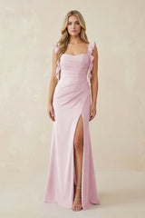 Ruffled Sleeve Ruched Sheath Chiffon Bridesmaid Dress in Candy Pink - KissProm BRIDESMAID DRESSES