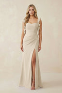 Ruffled Sleeve Ruched Sheath Chiffon Bridesmaid Dress in Champagne - KissProm BRIDESMAID DRESSES