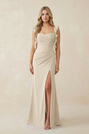 Ruffled Sleeve Ruched Sheath Chiffon Bridesmaid Dress in Champagne - KissProm BRIDESMAID DRESSES
