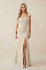 Ruffled Sleeve Ruched Sheath Chiffon Bridesmaid Dress in Champagne - KissProm BRIDESMAID DRESSES