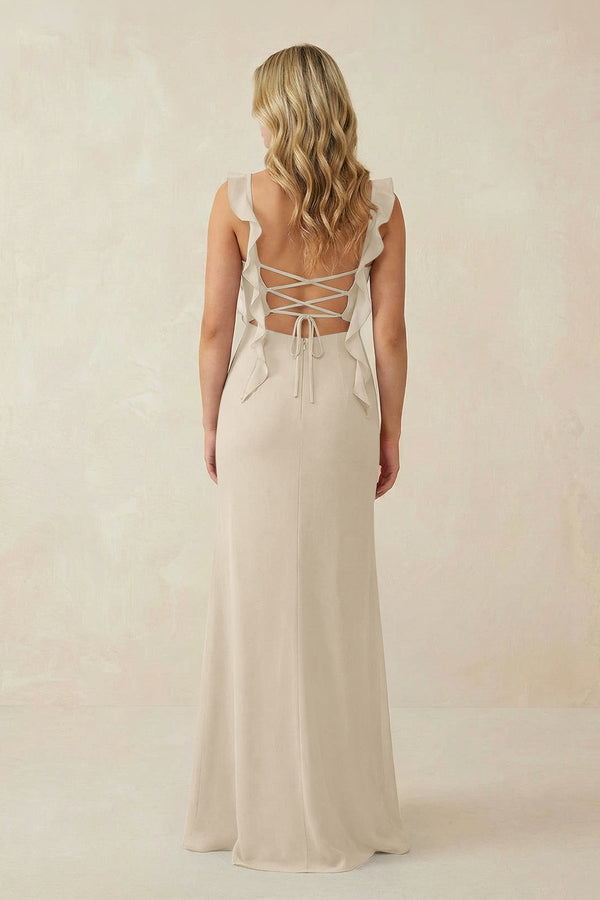 Ruffled Sleeve Ruched Sheath Chiffon Bridesmaid Dress in Champagne - KissProm BRIDESMAID DRESSES