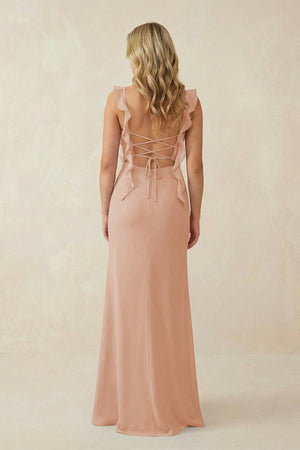Ruffled Sleeve Ruched Sheath Chiffon Bridesmaid Dress in Champagne Rose - KissProm BRIDESMAID DRESSES