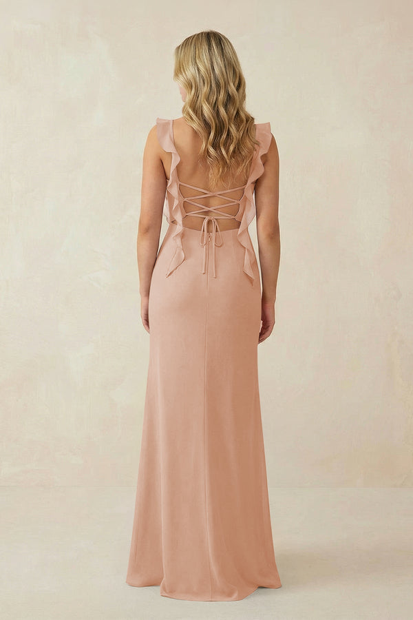 Ruffled Sleeve Ruched Sheath Chiffon Bridesmaid Dress in Champagne Rose - KissProm BRIDESMAID DRESSES