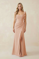 Ruffled Sleeve Ruched Sheath Chiffon Bridesmaid Dress in Champagne Rose - KissProm BRIDESMAID DRESSES