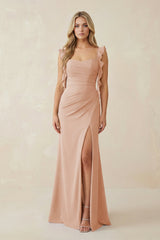 Ruffled Sleeve Ruched Sheath Chiffon Bridesmaid Dress in Champagne Rose - KissProm BRIDESMAID DRESSES