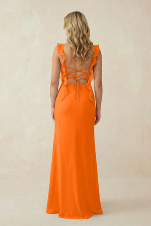 Ruffled Sleeve Ruched Sheath Chiffon Bridesmaid Dress in Cinnamon - KissProm BRIDESMAID DRESSES