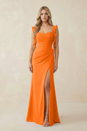 Ruffled Sleeve Ruched Sheath Chiffon Bridesmaid Dress in Cinnamon - KissProm BRIDESMAID DRESSES