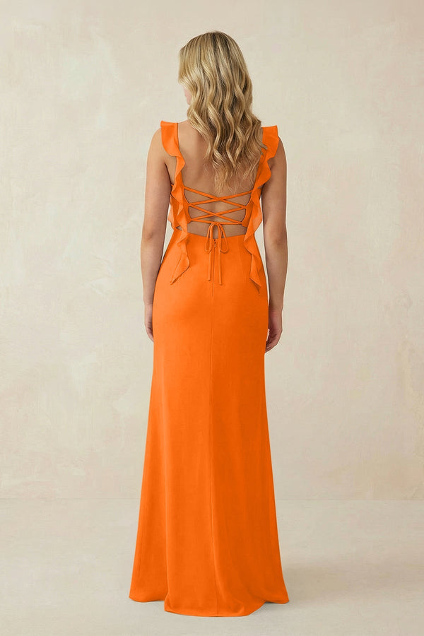 Ruffled Sleeve Ruched Sheath Chiffon Bridesmaid Dress in Cinnamon - KissProm BRIDESMAID DRESSES