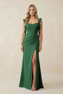 Ruffled Sleeve Ruched Sheath Chiffon Bridesmaid Dress in Dark Green - KissProm BRIDESMAID DRESSES