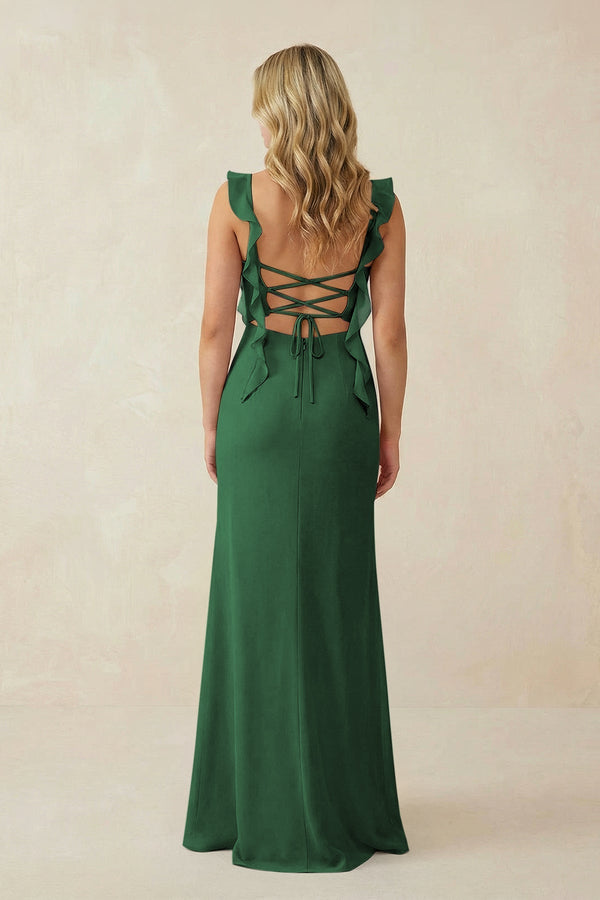 Ruffled Sleeve Ruched Sheath Chiffon Bridesmaid Dress in Dark Green - KissProm BRIDESMAID DRESSES