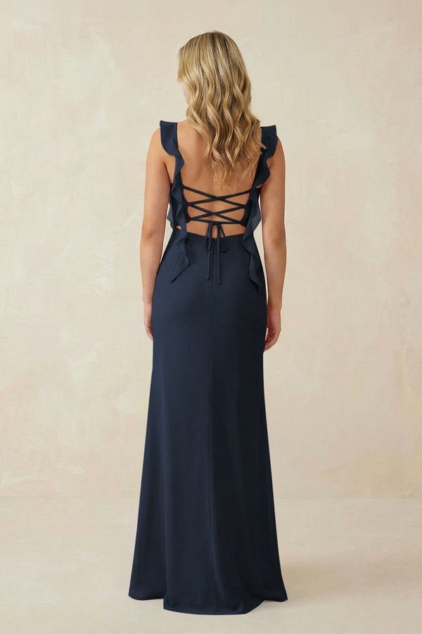 Ruffled Sleeve Ruched Sheath Chiffon Bridesmaid Dress in Dark Navy - KissProm BRIDESMAID DRESSES