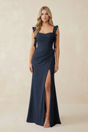 Ruffled Sleeve Ruched Sheath Chiffon Bridesmaid Dress in Dark Navy - KissProm BRIDESMAID DRESSES