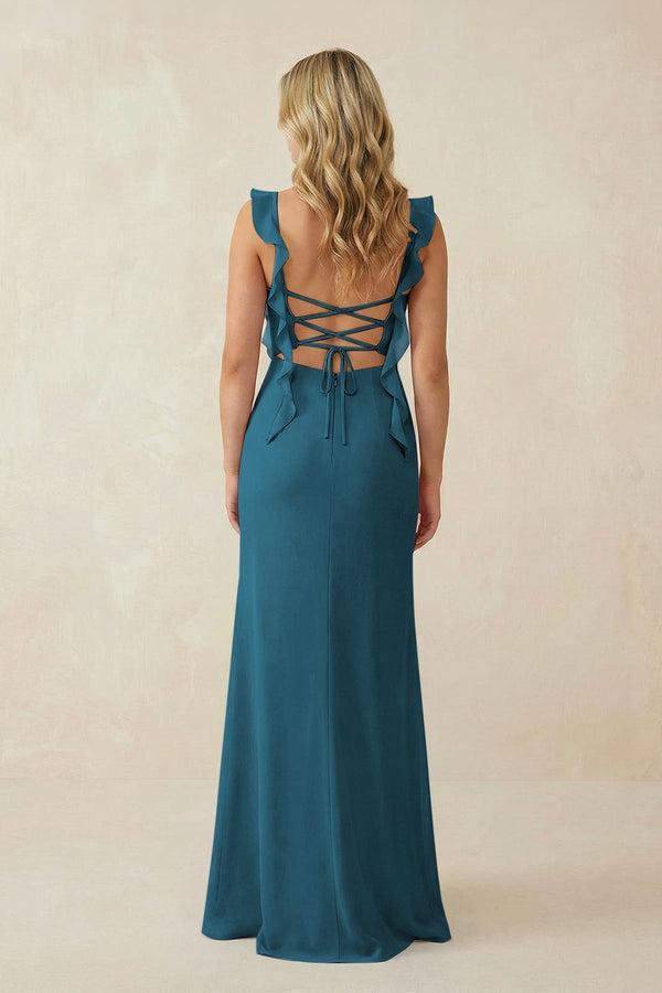 Ruffled Sleeve Ruched Sheath Chiffon Bridesmaid Dress in Dark Teal - KissProm BRIDESMAID DRESSES