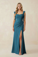 Ruffled Sleeve Ruched Sheath Chiffon Bridesmaid Dress in Dark Teal - KissProm BRIDESMAID DRESSES